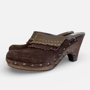 Franco Sarto Studded Wooden Clog in Brown Suede Size 7 1/2